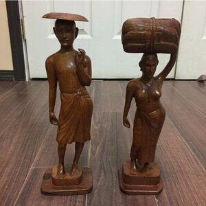 12" Asian Pacific Islander Carved Wooden Figure Man Woman Couple